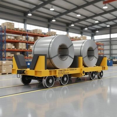 10 Ton Battery Powered V-Frame Steel Coil Transfer Cart dengan Anti-Roll System untuk Gudang Industri